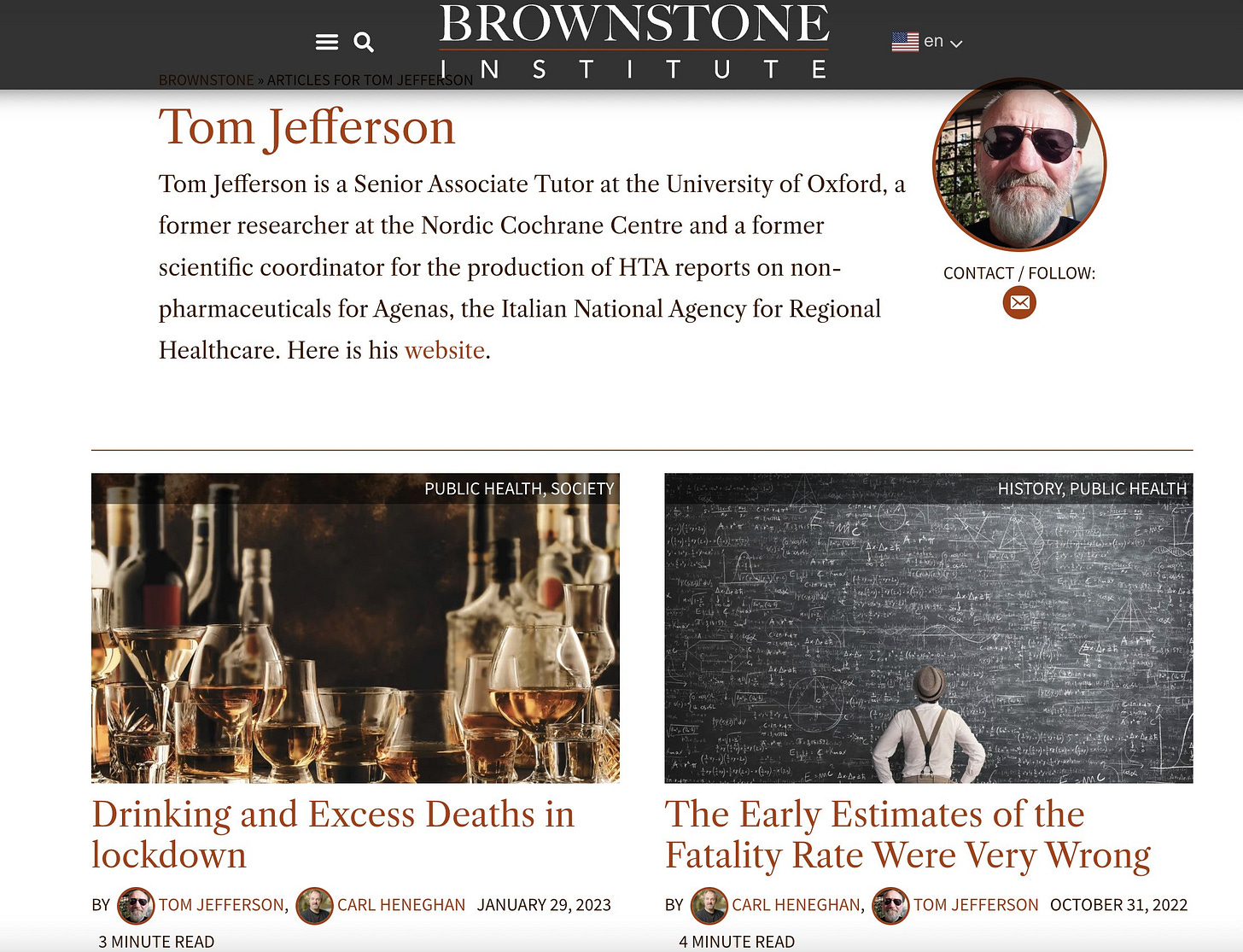 Image Tom Jefferson's author page for the rightoid propaganda outlet Brownstone Institute Image Tom Jefferson's author page for the rightoid propaganda outlet Brownstone Institute