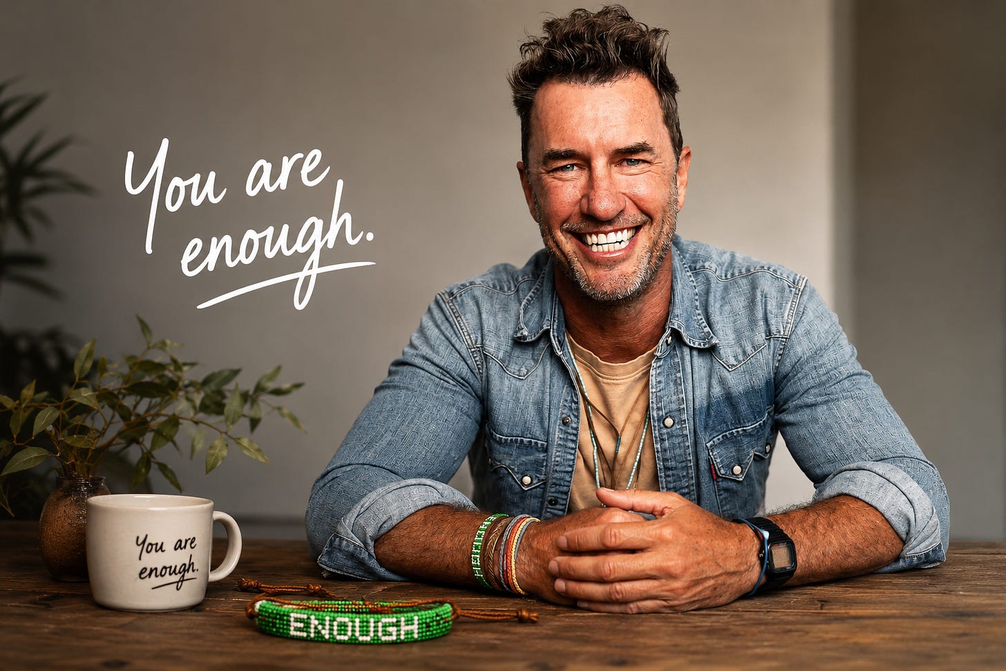 Blake Mycoskie smiling warmly while seated at a wooden table wearing the green Enough bracelet, with a matching bracelet and a mug reading ‘You are enough’ beside him in a calm, minimalist setting. Blake Mycoskie smiling warmly while seated at a wooden table wearing the green Enough bracelet, with a matching bracelet and a mug reading ‘You are enough’ beside him in a calm, minimalist setting.