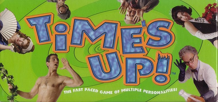 The box of "Time's Up" showing a bunch of knock-off celebrities around the edges, including Tarzan, Marie Antoinette, Sherlock Holmes, etc.