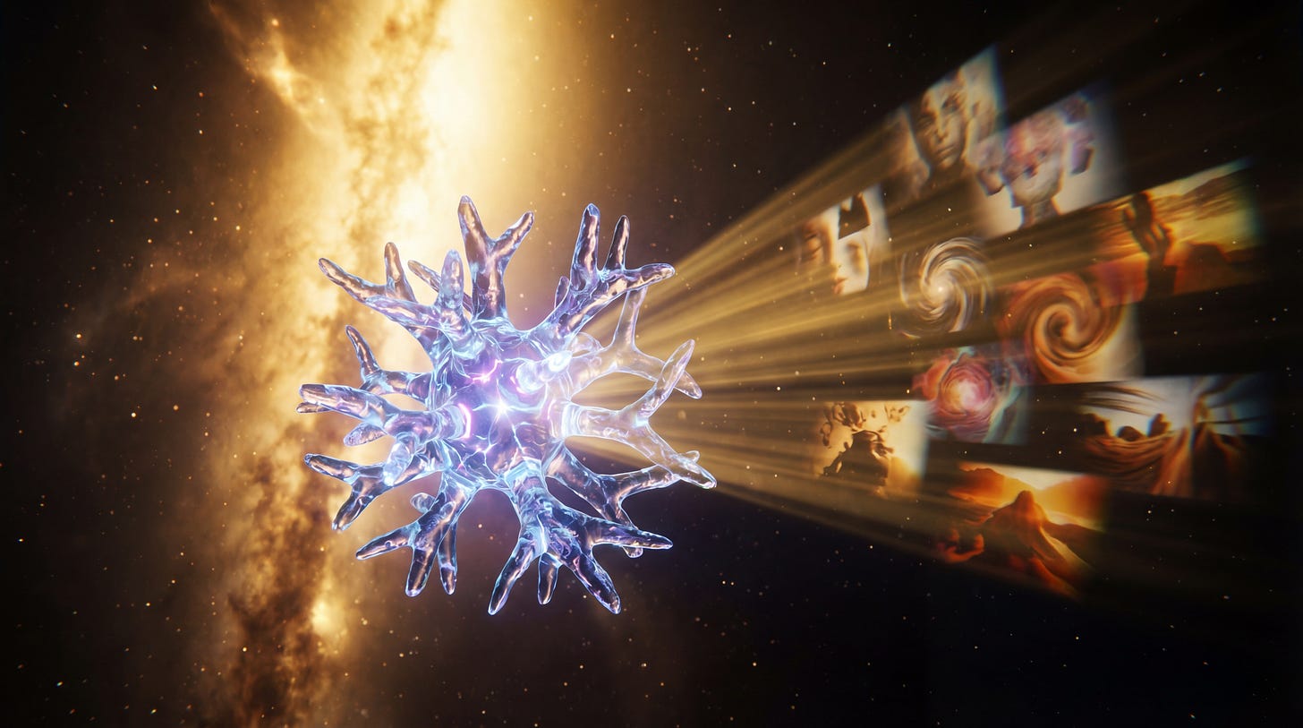 A crystalline cognitive entity suspended in the darkness of space refracts infinite golden light into patterns of thought and experience on the other side A crystalline cognitive entity suspended in the darkness of space refracts infinite golden light into patterns of thought and experience on the other side