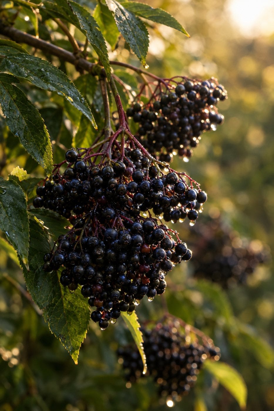 Black elderberries (Sambucus nigra) at peak ripeness. Illustration.