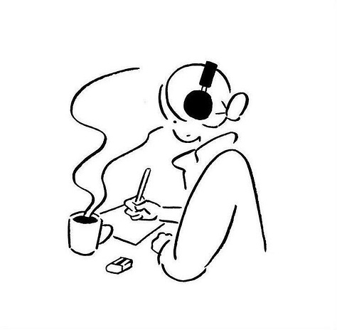 three cartoons of a girl reading, a man drawing and a girl sketching with coffee