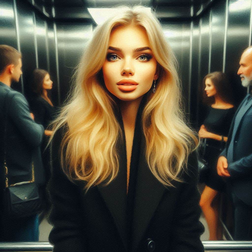 A beautiful blonde women, dressed all in black, is facing the camera while standing in an elevator with other people in it. Slight impressionist style.