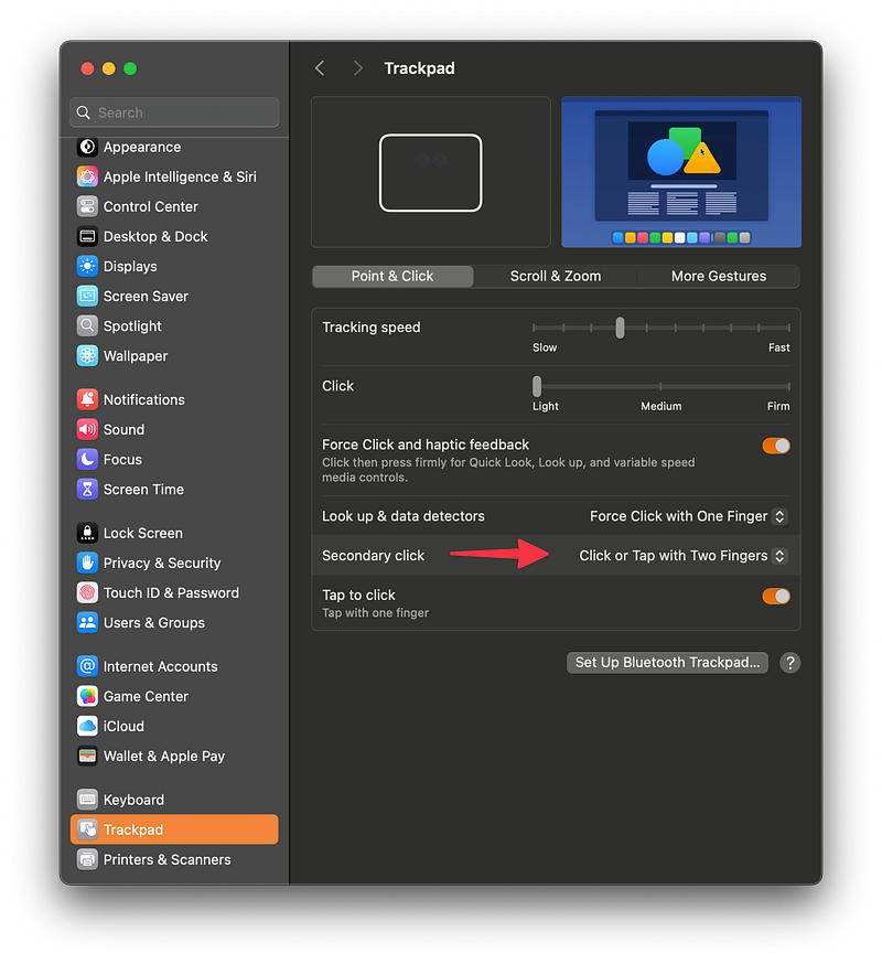 System Settings with secondary click under trackpad is highlighted via a red arrow