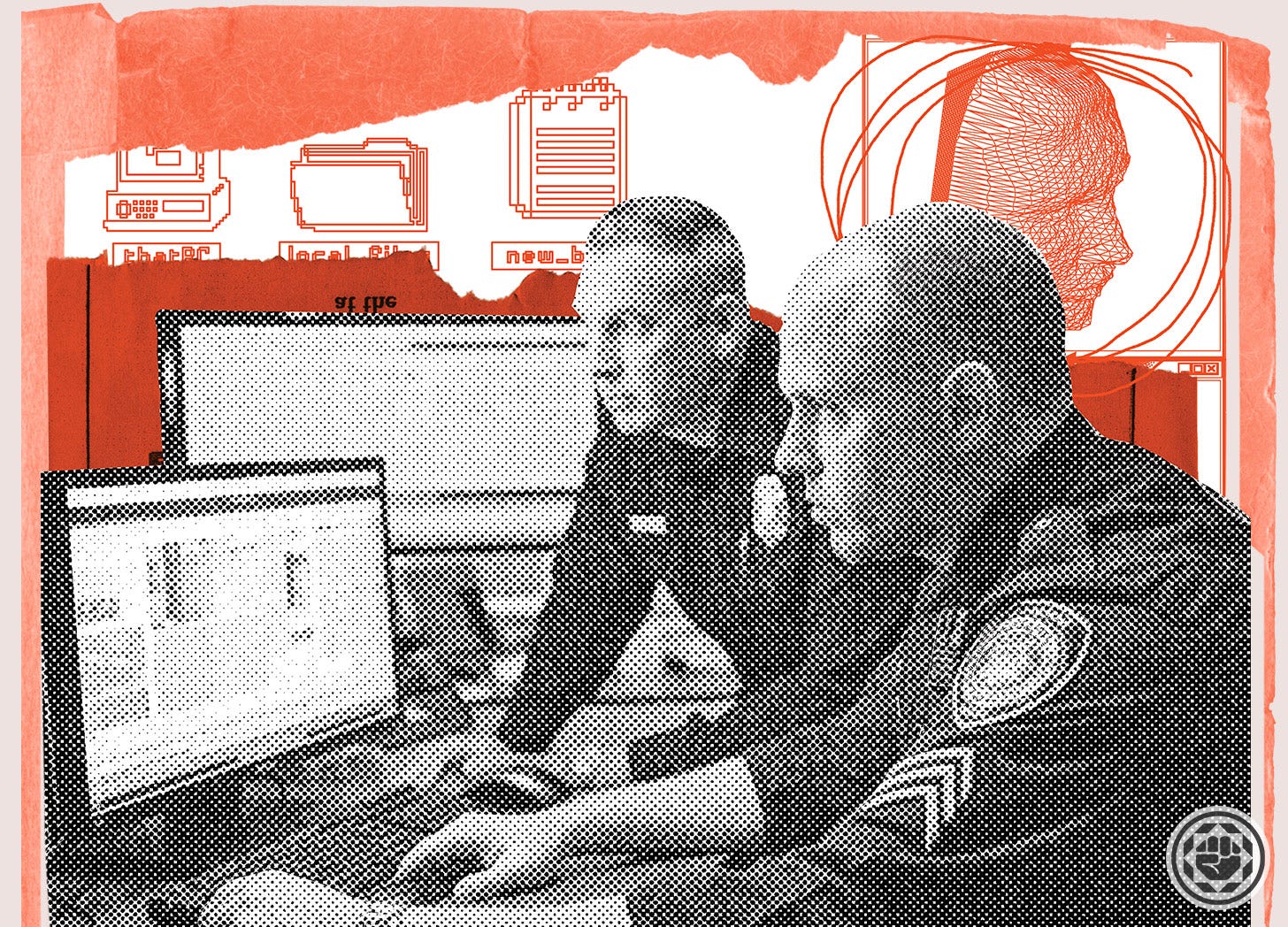 Two cops looking at a computer monitor with torn paper and computer icons layered behind.