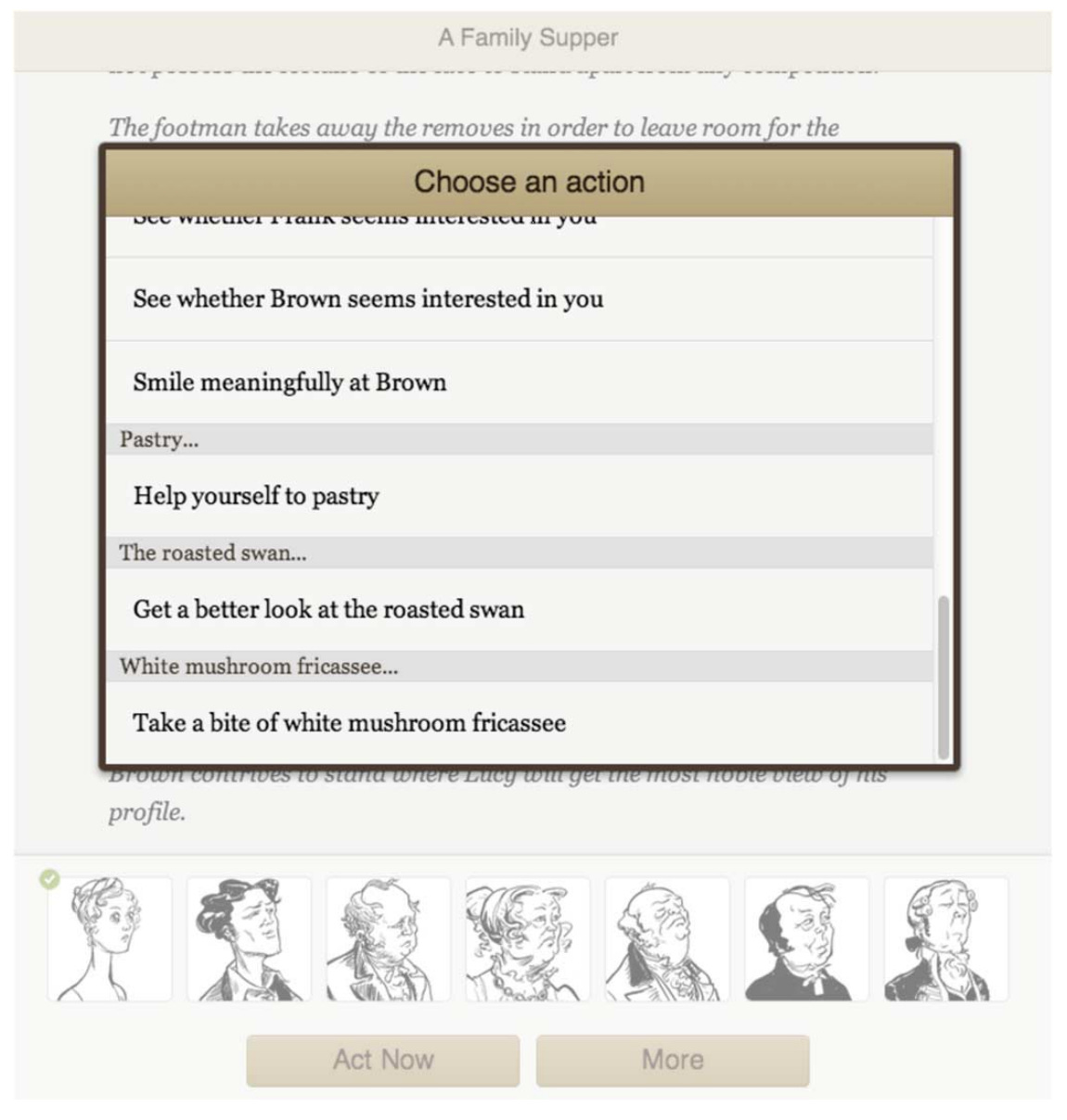A screenshot from A Family Supper showing a pop-up "Choose an action" box, with options including "See whether Brown seems interested in you," "Smile meaningfully at Brown," and "Help yourself to pastry."