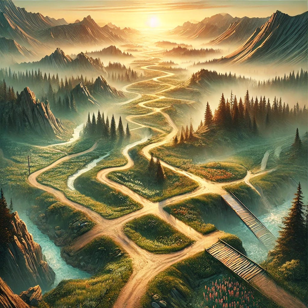 A vast landscape with many different paths stretching out in various directions. Each path has a unique characteristic—one is rocky and steep, another is smooth and paved, one disappears into a dense misty forest, another leads toward a golden sunrise, one is covered in wildflowers, another crosses a wooden bridge over a river, and one fades into a distant mountain range. The scene is bathed in soft morning light, creating a dreamlike and adventurous atmosphere.