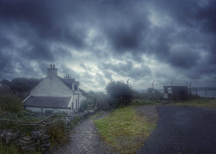 Two photographs of my cottage, altered using a photo app to make the sky and colours more dramatic to capture my mood.