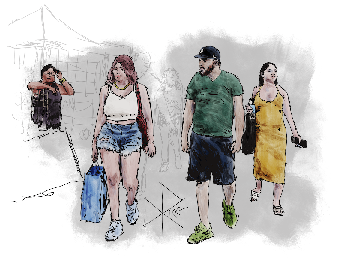 People walking by stalls at an outdoor sales event, heading for the food trucks. Sketch art by Don Rice. People walking by stalls at an outdoor sales event, heading for the food trucks. Sketch art by Don Rice.