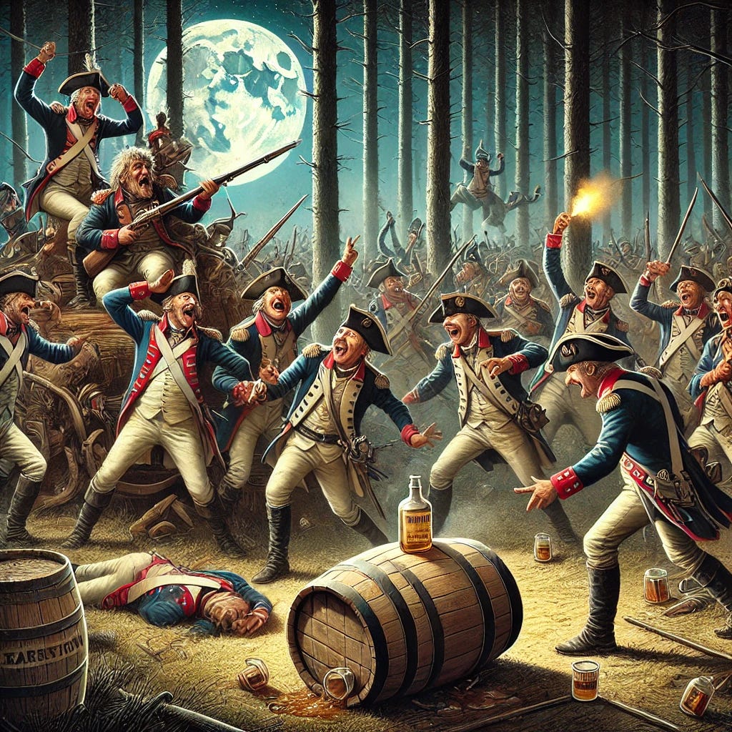 A humorous and detailed historical illustration of the Battle of Karansebes in 1788, showing Austrian soldiers in 18th-century military uniforms arguing and drinking around a wooden barrel of liquor in a chaotic forest setting. The scene is lit by moonlight, highlighting confusion and shouting among the soldiers, with one accidentally firing a musket. In the background, more soldiers are running and tripping over each other, creating a comical yet historically inspired atmosphere. The style should evoke a storytelling vibe with historical and humorous elements.