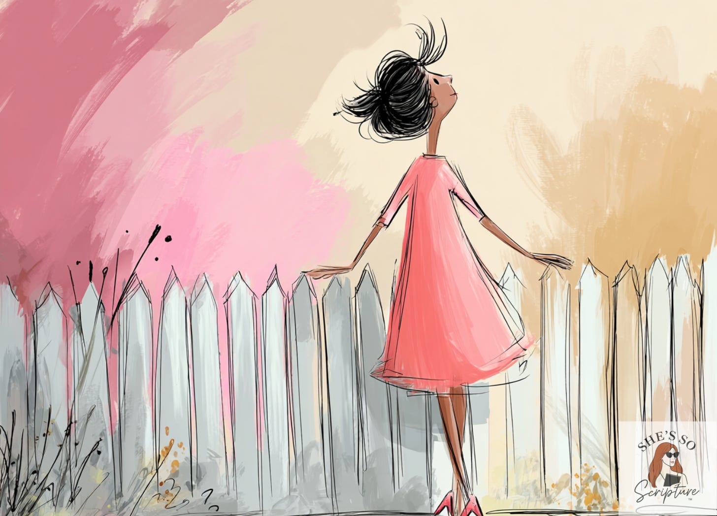 A stylized illustration of a woman in a pink dress standing beside a white picket fence, her hands resting on the fence as she tilts her face upward. The background is painted with soft watercolor brushstrokes in pink, cream, and warm neutral tones.