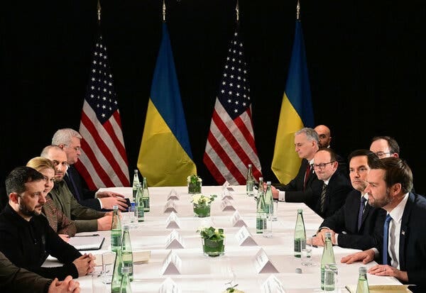 President Volodymyr Zelensky of Ukraine, Vice President JD Vance, Secretary of State Marco Rubio and other officials at a table.