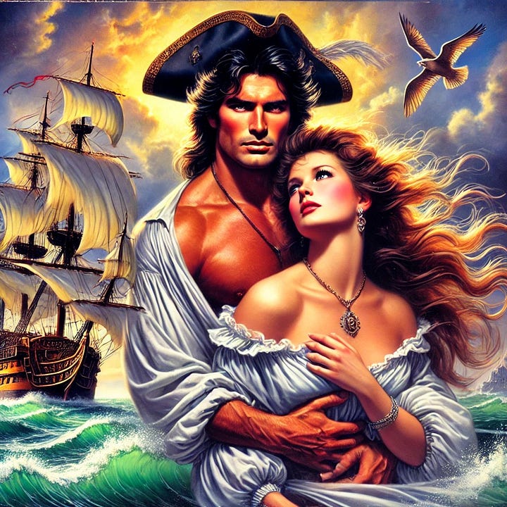 romance-novel style covers with long-haired men standing with busty women looking sedcutive with ships in the background