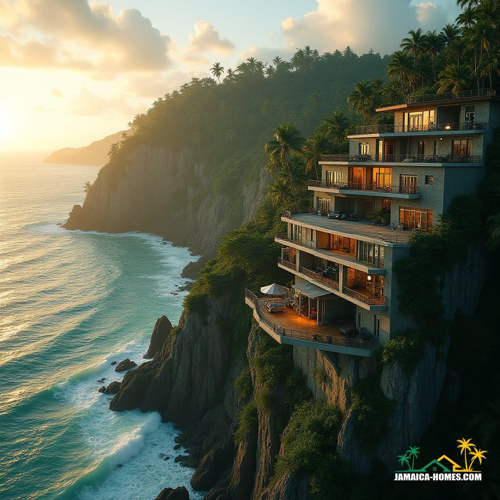 A breathtaking Jamaican cliff edge at golden hour, cascading multi-level apartments carved into limestone, skybridges linking towers, rooftop petrol station glowing softly, coconut trees swaying below, turquoise Caribbean Sea crashing at the base