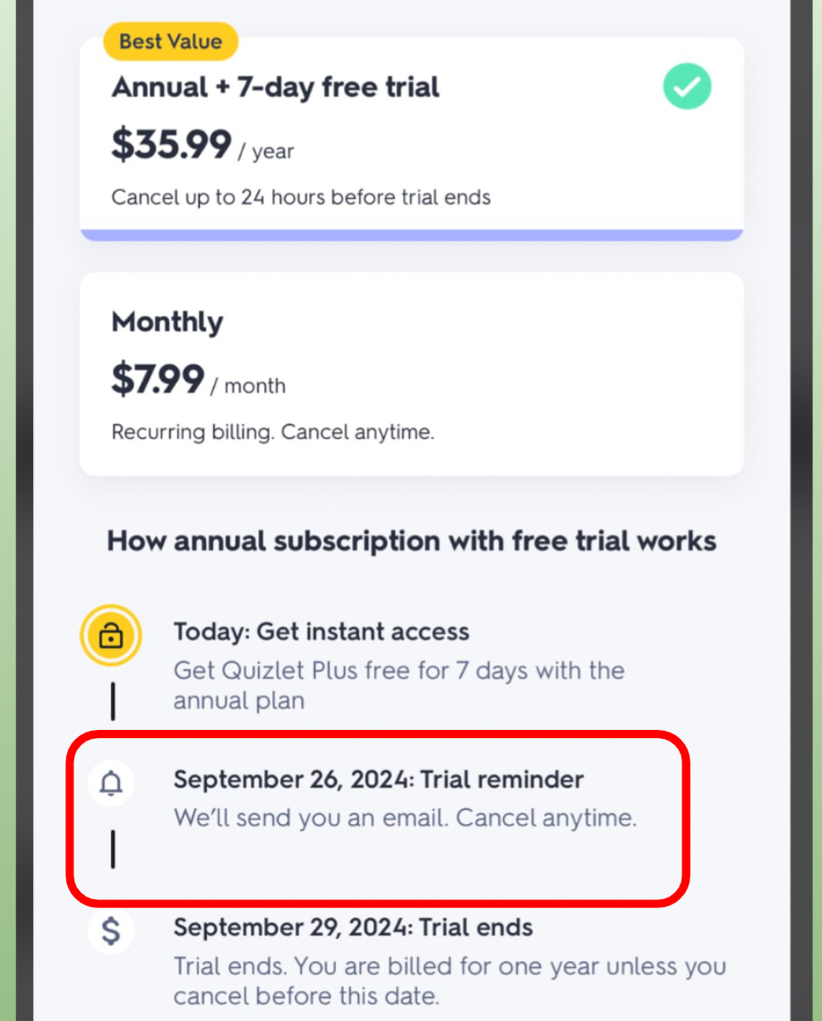 Quizlet improving conversions by assuring users a free trial reminder