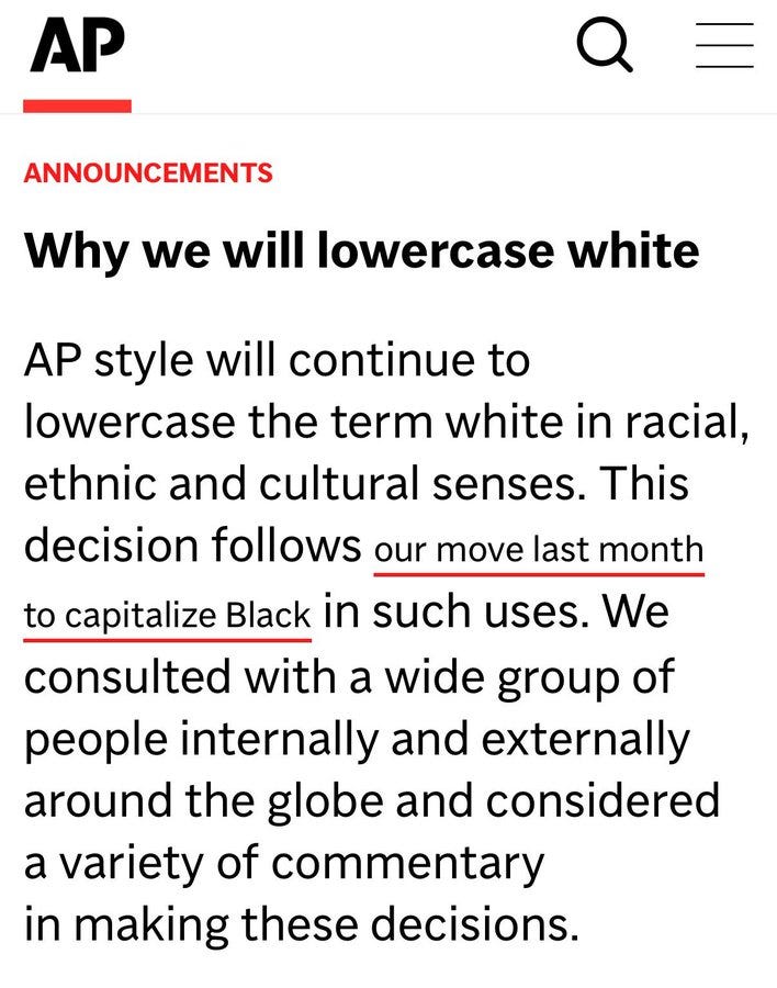 A screenshot of an Associated Press (AP) webpage. The text includes the AP logo at the top left, a search icon, and a menu bar. The main content shows the headline "Why we will lowercase white" in red, followed by body text discussing AP style changes for racial and ethnic terms, including capitalizing Black and lowercasing white.