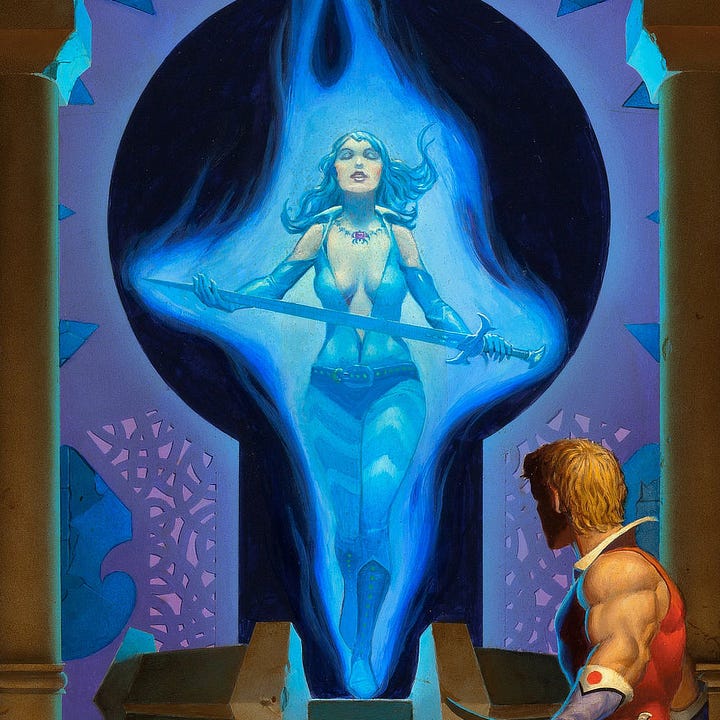LEFT: Figure detail from THE SWORD OF ALDONES featuring a woman enveloped in blue fire floating above a dais. Her eyes are closed as she holds out a sword with the flat of the blade resting in her palm. Vibrant flame contrasts the black keyhole-shaped doorway behind her. RIGHT: Foreground detail from THE SWORD OF ALDONES featuring a woman propped on weary arms as she rests on the patterned floor. A muscular swordsman is taken aback in his stance as he stands over her. His boots and gloves are purple with white cuffs—punctuated with a red dot. His shirt is sleeveless with a popped up collar. He holds a sword in his right hand and has a dagger sheathed on his opposite hip facing the viewer.