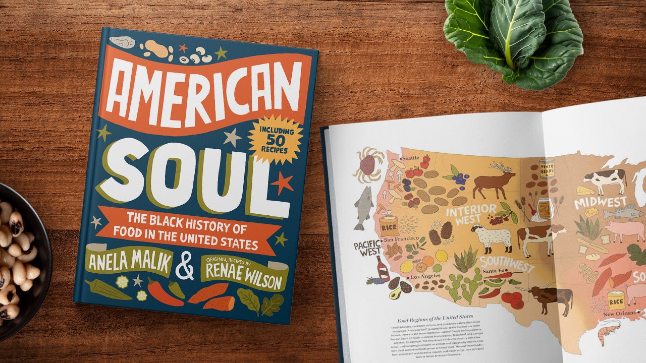 A mockup of American Soul the book on a table, with one next to it open to an interior page showing a map of foodways in the US
