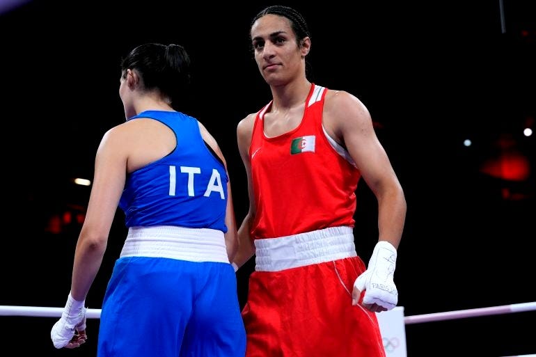 Algeria's Imane Khelif, right, after defeating Italy's Angela Carini, left, in their women's 66kg preliminary boxing match at the 2024 Summer Olympics in Paris, France.