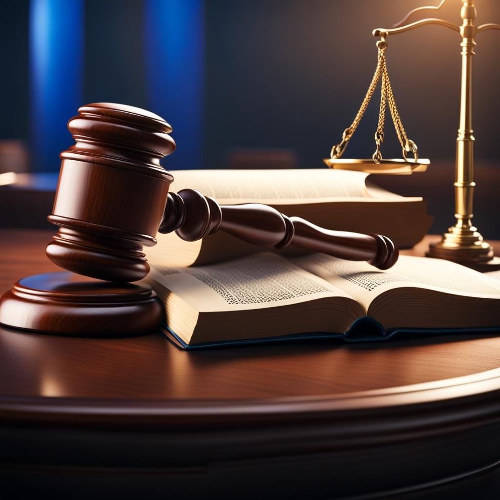 Close-up shot of a wooden gavel on a table in a courtroom, 35mm photograph, diffuse blue background, strong bokeh, photo...