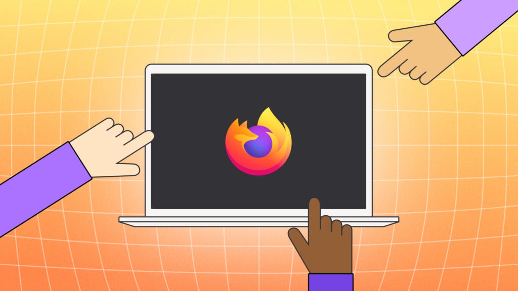 Illustration of three hands pointing at a laptop screen displaying the Firefox logo, set against an orange and yellow grid background.