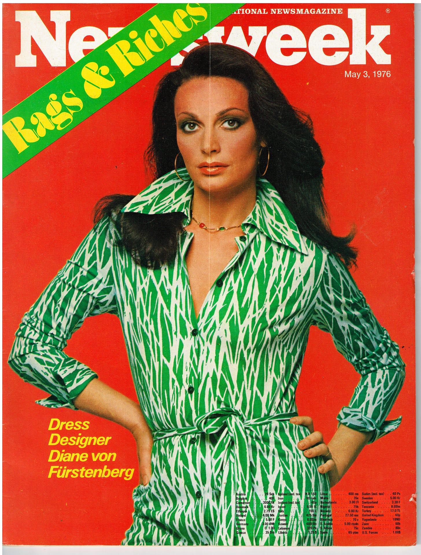 von Furstenberg showing off the wrap dress on the cover of Newsweek in 1976 
