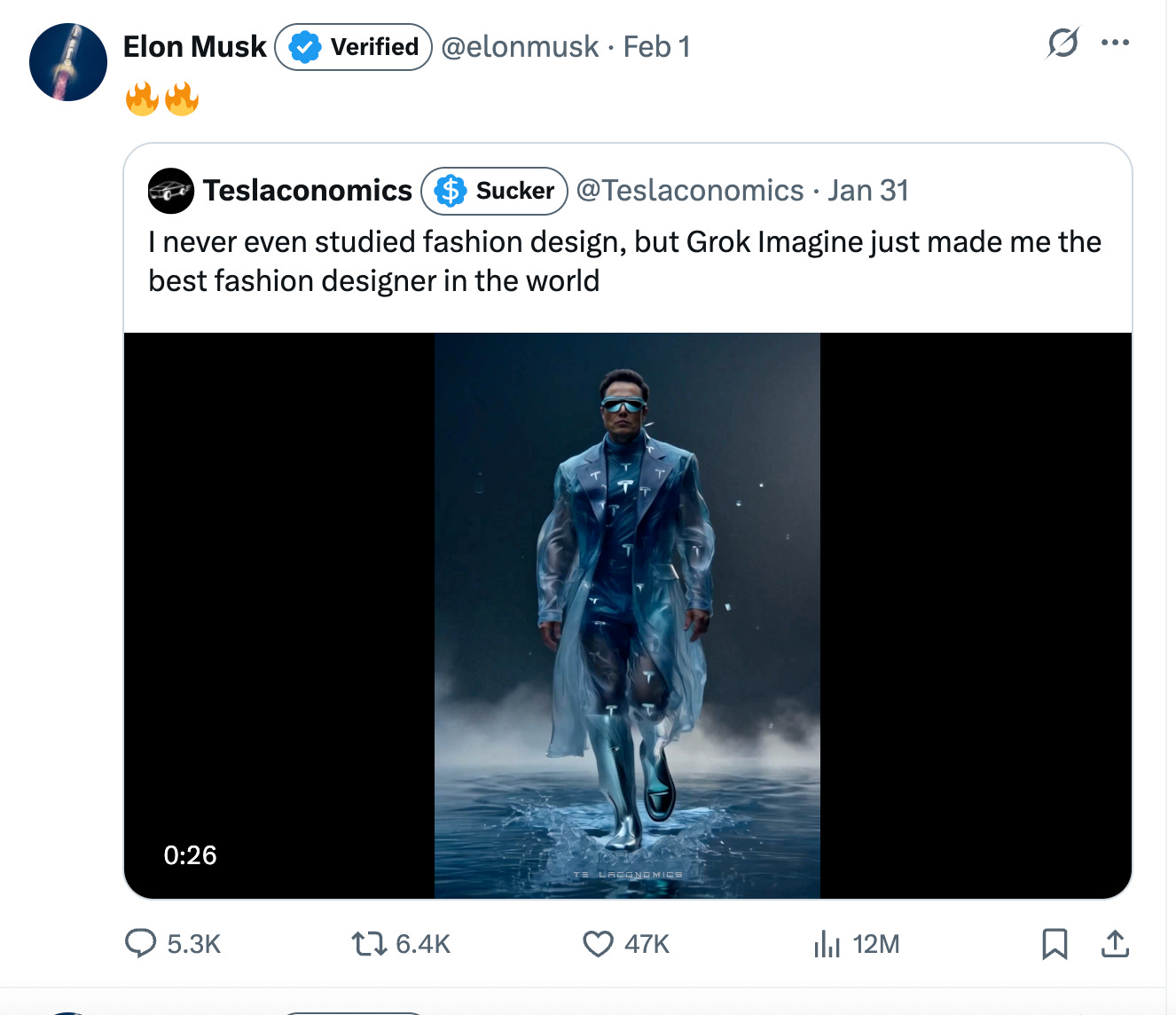 from user Teslaconomics: I never studied fashion design but Grok imagine just made me the best fashion designer in the world. Featuring image of Elon musk in hideous outfit.