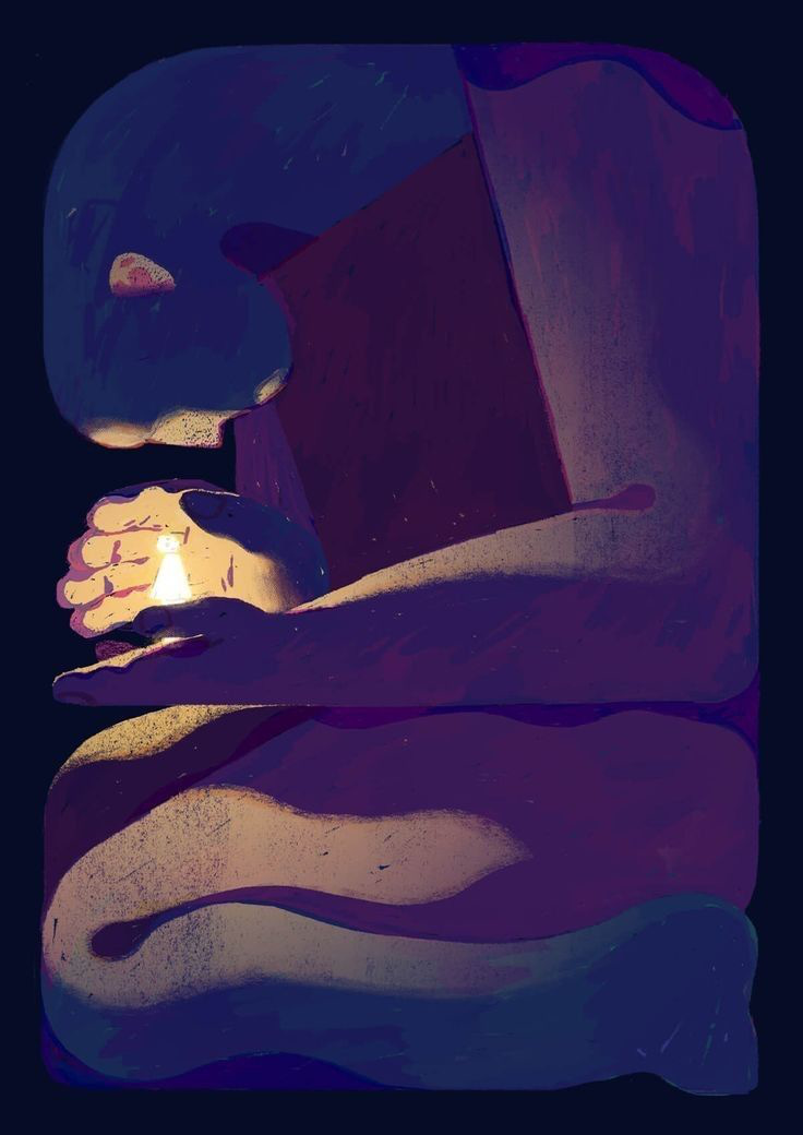 A figure surrounded by darkness kneels hunched over a single candle flame. They shield the flame with their hand. A figure surrounded by darkness kneels hunched over a single candle flame. They shield the flame with their hand.