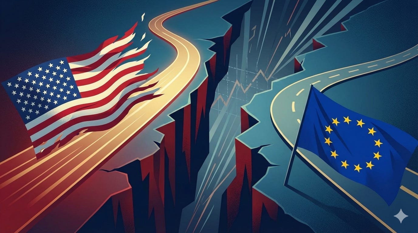 Illustration showing the U.S. and EU diverging along separate economic paths, with American and European flags facing opposite directions to represent long-term growth divergence.
