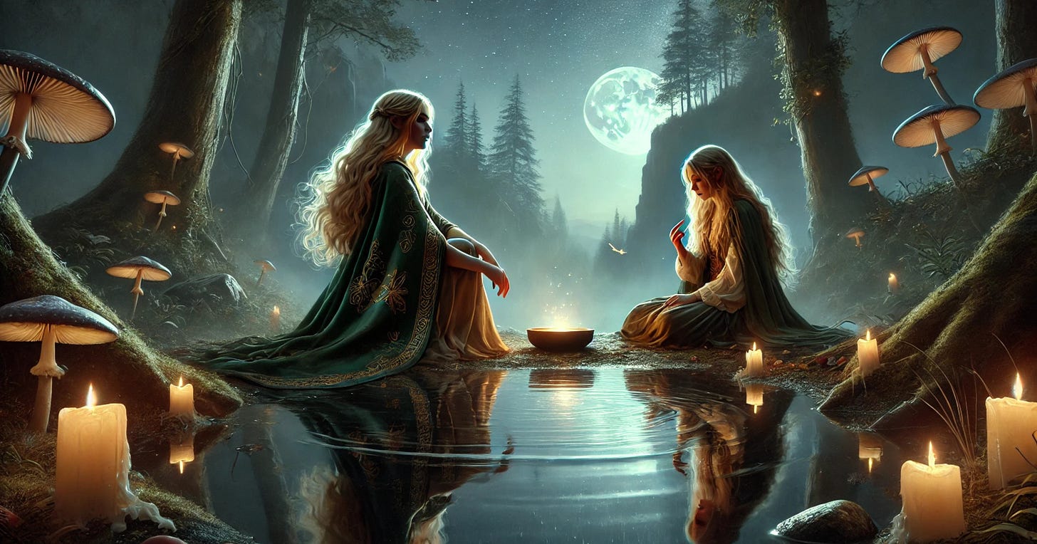 Liora and Talinya sitting by a forest pool under a full moon - candles, trees, mushrooms. The Village of Wings