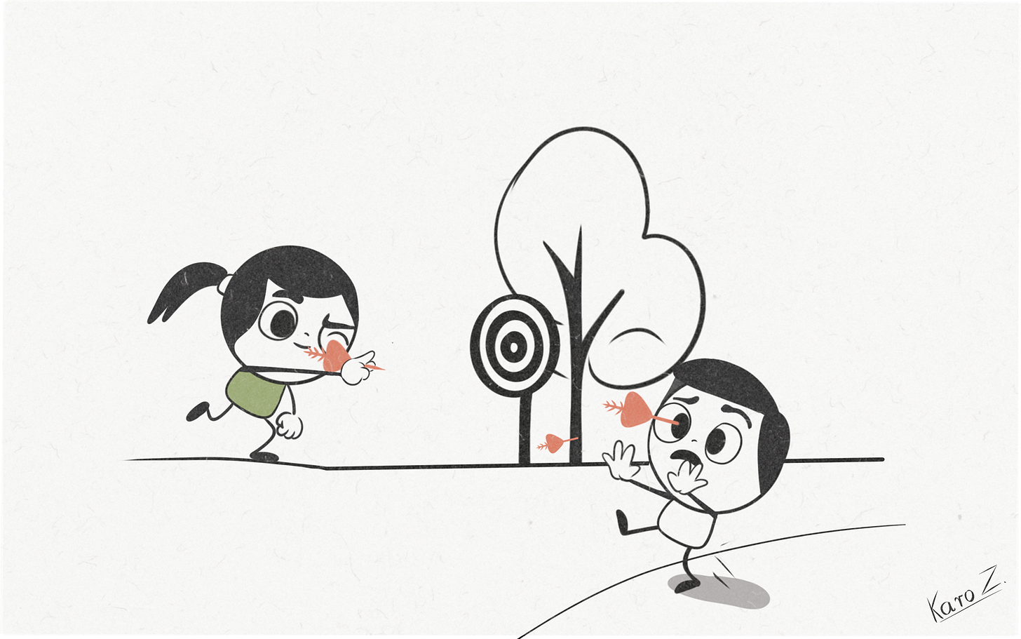 Karo Zieminski, Product With Attitude — minimalist stick-figure girl blindly throwing darts at a target while a panicked boy ducks; visual metaphor for inconsistent AI prompting outcomes.