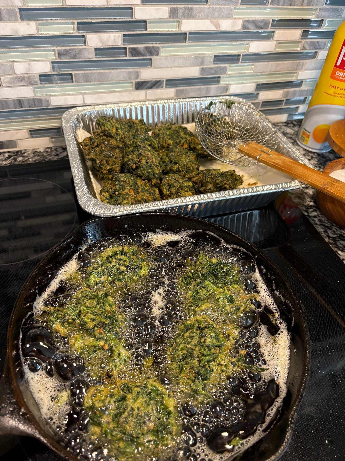 The cooking process and the finished croquettes.