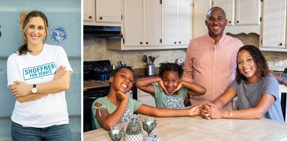 Facebook profile photos of Arkansas and Mississippi nominees for Senate. Left: Hollie Shoffner poses with arms crossed, wearing a white 'Shoffner for Senate' T-shirt and leaning against a faded light-blue farm shed or fence. Right: Scott Colom, standing, poses in his kitchen with his wife and two daughters, one of whom is making a silly face. 