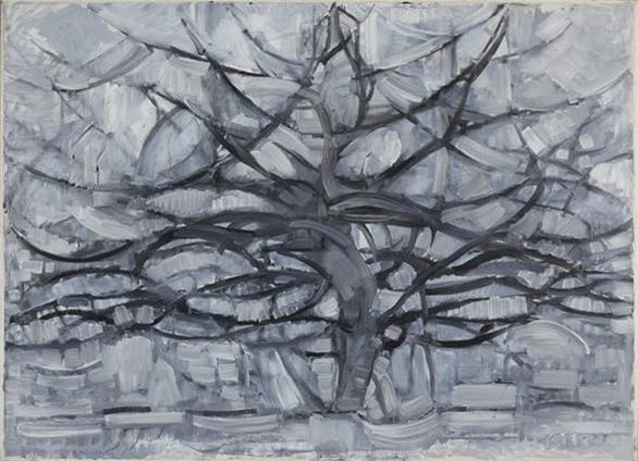 A single tree reduced to a web of curving grey and black lines on a pale ground A single tree reduced to a web of curving grey and black lines on a pale ground