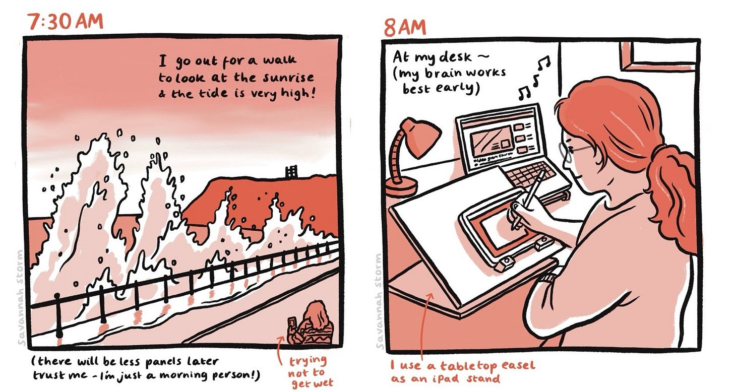 Illustrated comic panel from Hourly Comics Day 2024, at 7.30am I was watching the ocean splash up against the railings whilst out for a walk, and at 8am I was at my desk working on drawings and illustration projects.