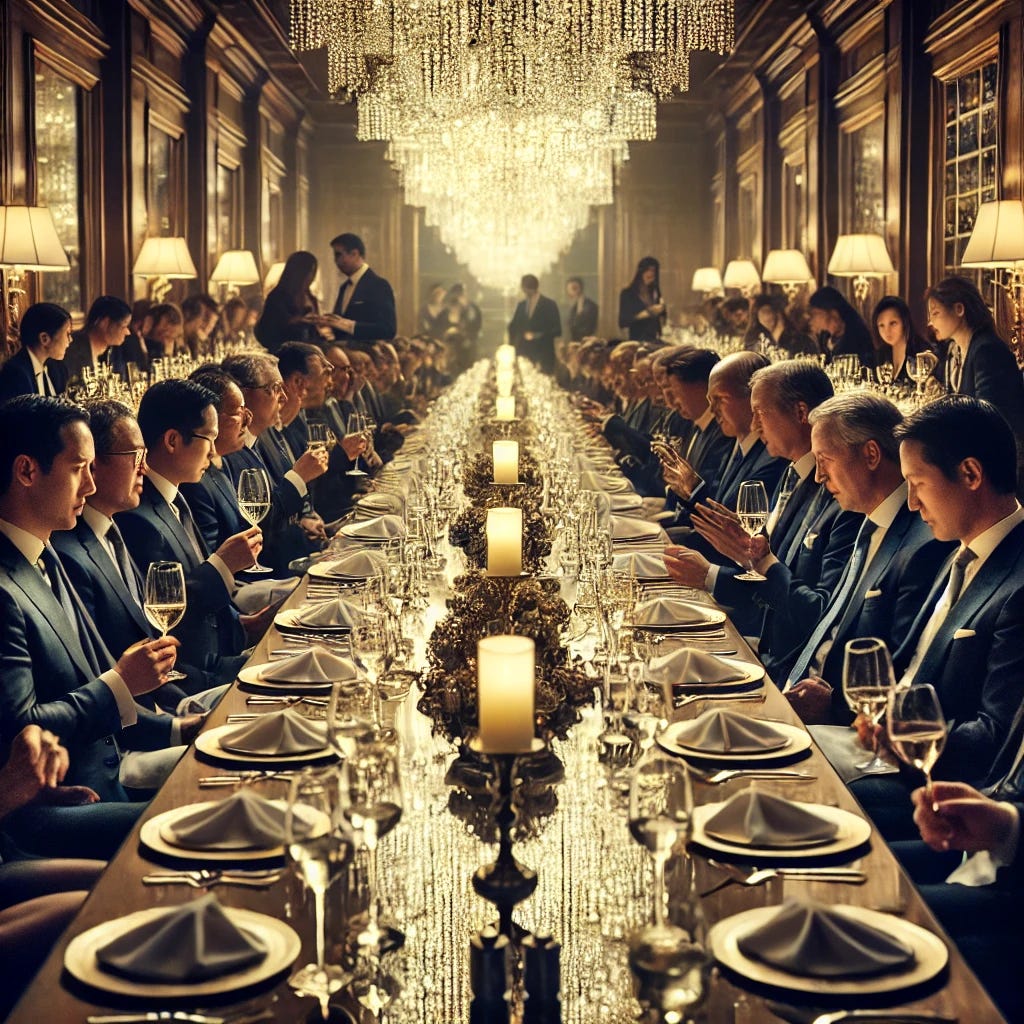 A luxurious dining room filled with elegantly dressed academics seated at a long table, engaging in animated discussions. The room is illuminated by crystal chandeliers, with a soft golden glow reflecting off polished silverware and fine china. Some attendees are leaning in close, making quiet deals, while others are raising glasses for a toast. The table is adorned with gourmet dishes and wine glasses, emphasizing the opulence and exclusivity of the event. The atmosphere is formal yet charged, suggesting high-stakes networking.