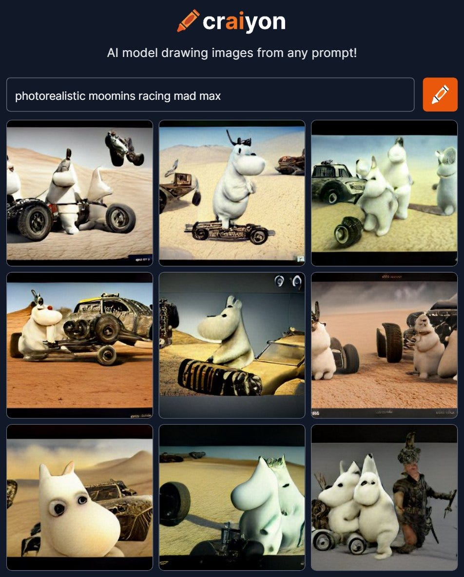 Ist möglicherweise ein Bild von 1 Person und Text „craiyon AI model drawing images from any prompt! photorealistic moomins racing mad max 90“
