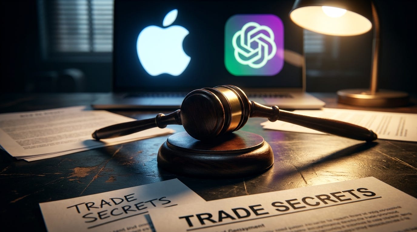 Hình ảnh búa tòa án trên bàn nghị sự, phía sau là logo Apple và OpenAI đang đối đầu nhau đầy kịch tính với các tài liệu rải rác.