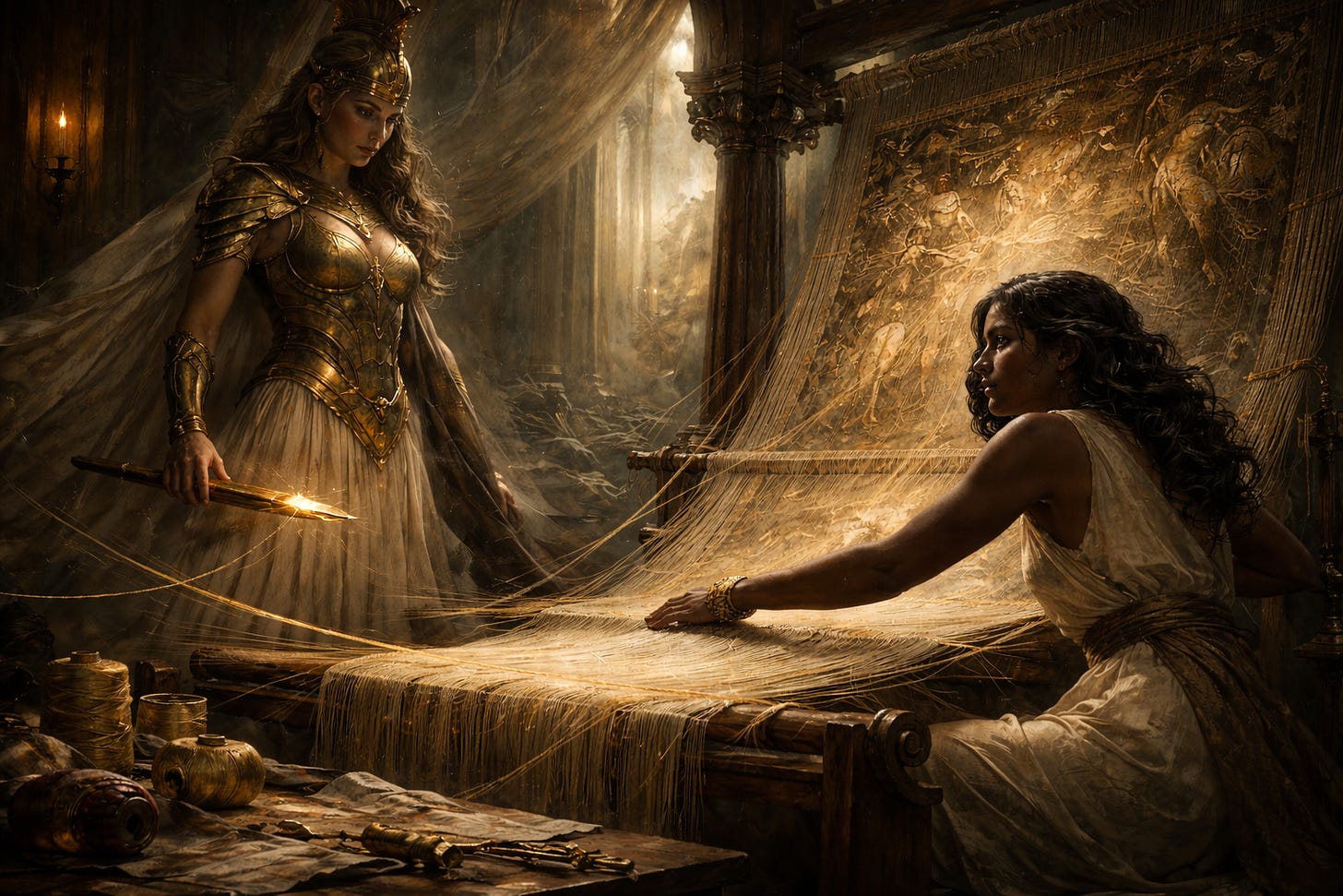 A moody oil-style painting shows a tense weaving contest between two women in a dim, cathedral-like workshop. On the left, a tall woman in gold armor and a flowing ivory skirt stands in dramatic light, holding a glowing shuttle. On the right, a brown-skinned woman with dark curly hair sits at a large wooden loom, her hands gripping luminous golden threads stretched across the frame. Behind her, a detailed tapestry depicts mythic figures in swirling scenes. A thin golden thread arcs between them and across the loom, while shadows pool around stone columns and draped fabric, creating a rich, cinematic atmosphere. A moody oil-style painting shows a tense weaving contest between two women in a dim, cathedral-like workshop. On the left, a tall woman in gold armor and a flowing ivory skirt stands in dramatic light, holding a glowing shuttle. On the right, a brown-skinned woman with dark curly hair sits at a large wooden loom, her hands gripping luminous golden threads stretched across the frame. Behind her, a detailed tapestry depicts mythic figures in swirling scenes. A thin golden thread arcs between them and across the loom, while shadows pool around stone columns and draped fabric, creating a rich, cinematic atmosphere.