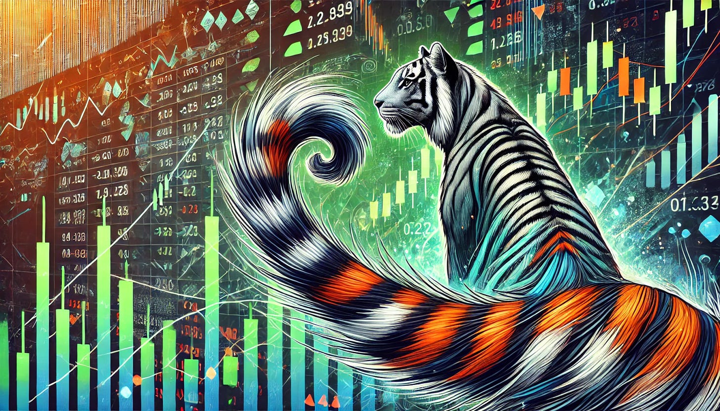 A detailed illustration of a tiger's tail in the foreground, prominently curling with vibrant orange and black stripes. The background features stock market imagery, including green and red candlestick charts, financial graphs, and numerical data displayed on digital screens. The overall aesthetic is dynamic and financial-themed, with a blend of realism and stylized financial elements.