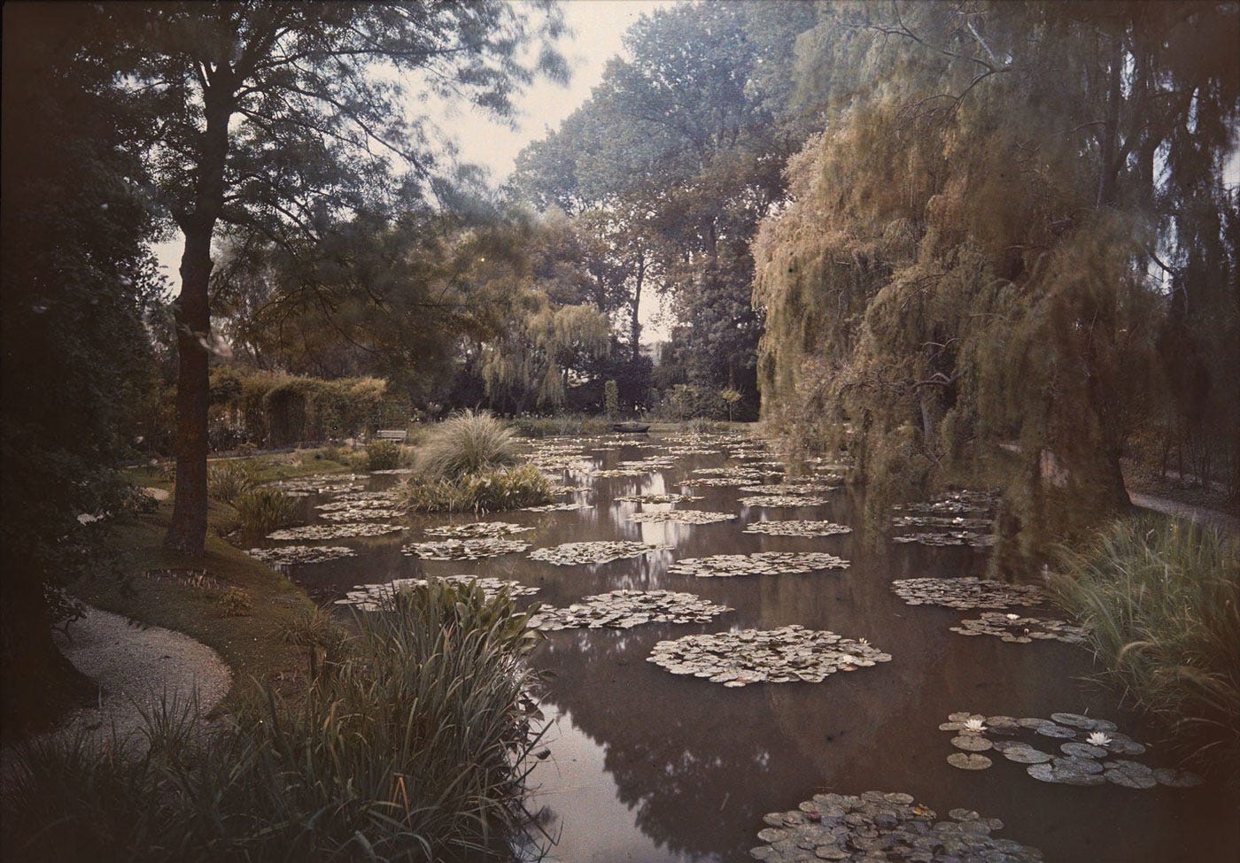 Étienne Clémentel, Étang des Nymphéas à Giverny, an original autochrome color photograph dating from 1920, the water garden pond as seen and painted by Monet for thirty years.