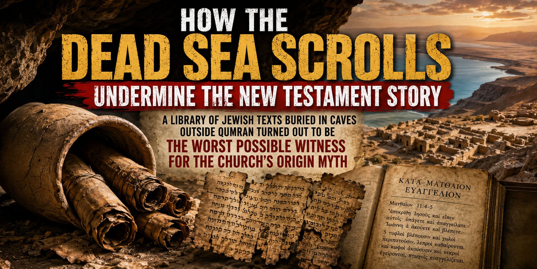 Ancient Dead Sea Scrolls spill from a clay jar inside a rocky desert cave overlooking the Dead Sea and the ruins of Qumran at sunset. Fragments of Hebrew manuscripts and an open Greek Gospel page lie in the foreground, visually contrasting Jewish apocalyptic texts with the New Testament. Large distressed headline text reads “How the Dead Sea Scrolls Undermine the New Testament Story,” creating a dramatic archaeological and historical atmosphere focused on the origins of Christianity and Second Temple Judaism. Ancient Dead Sea Scrolls spill from a clay jar inside a rocky desert cave overlooking the Dead Sea and the ruins of Qumran at sunset. Fragments of Hebrew manuscripts and an open Greek Gospel page lie in the foreground, visually contrasting Jewish apocalyptic texts with the New Testament. Large distressed headline text reads “How the Dead Sea Scrolls Undermine the New Testament Story,” creating a dramatic archaeological and historical atmosphere focused on the origins of Christianity and Second Temple Judaism.