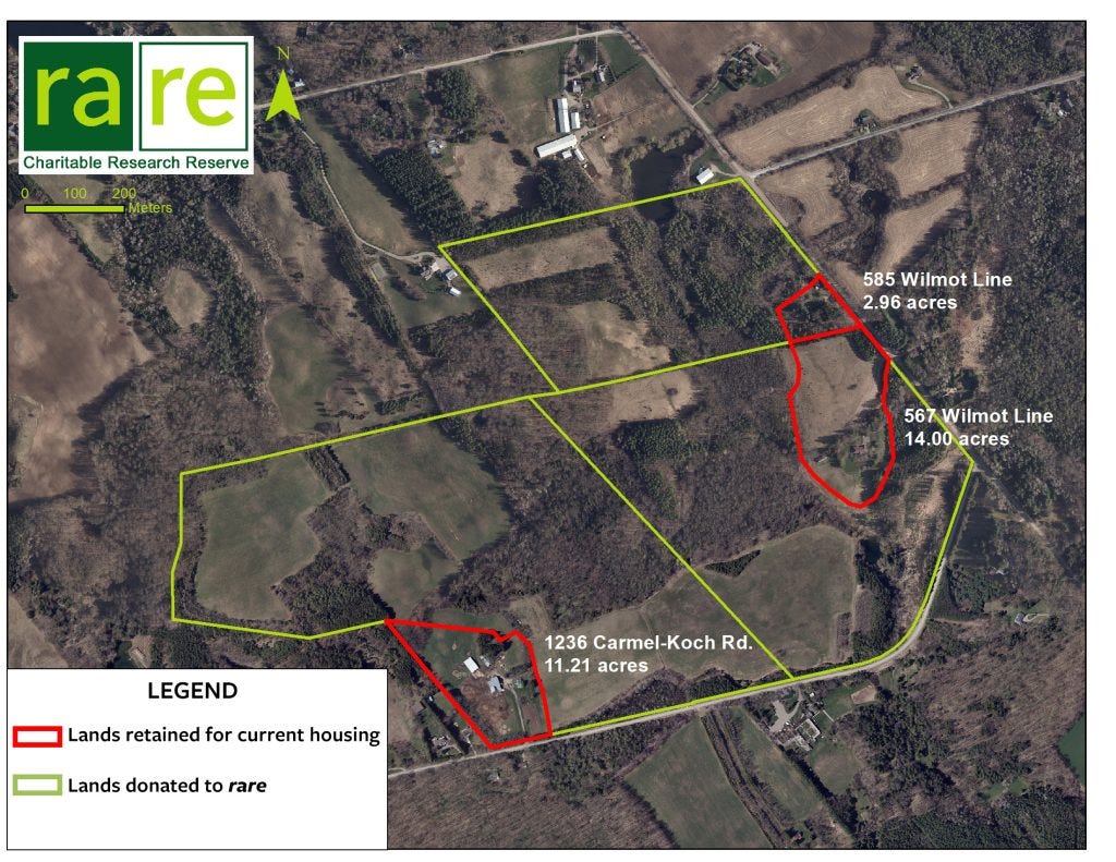 Overview of the lands donated to rare, outlined in green.