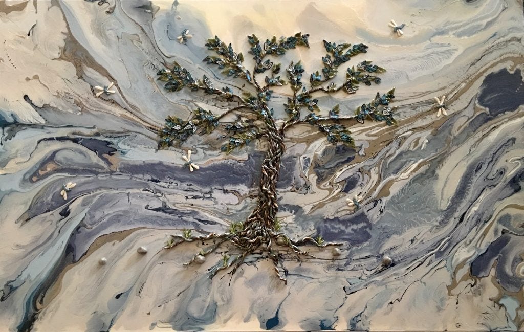A polymer tree in blue, green and brown stands in front of a swirling background of blue, white and brown. Original art by Anna Loscotoff.
