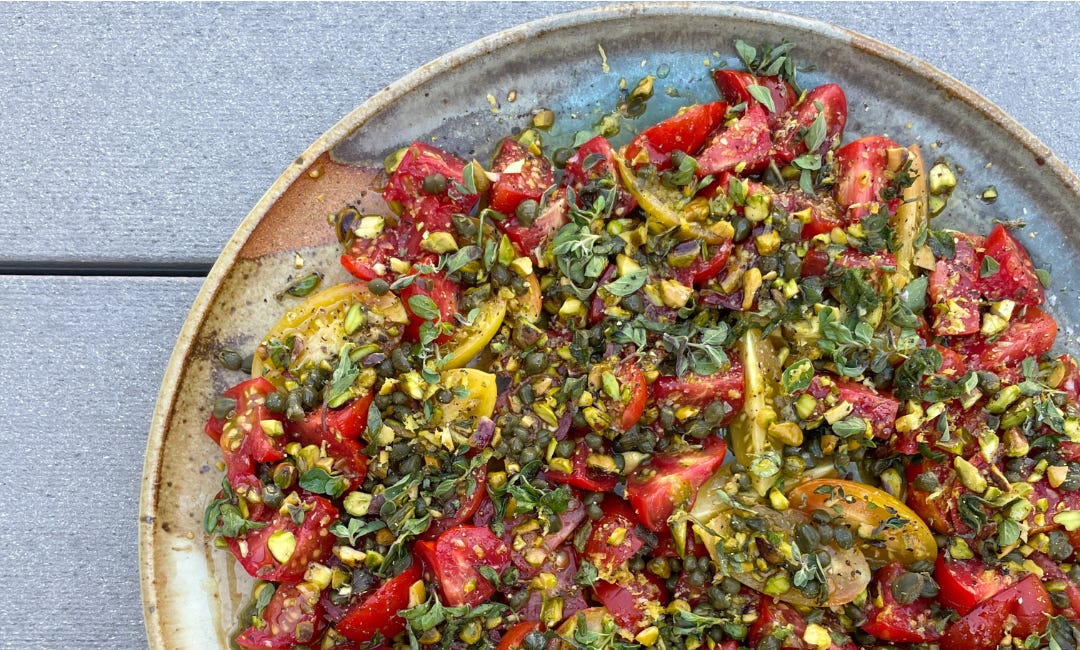 Heirloom Tomatoes with Capers, Toasted Pistachios, and Oregano