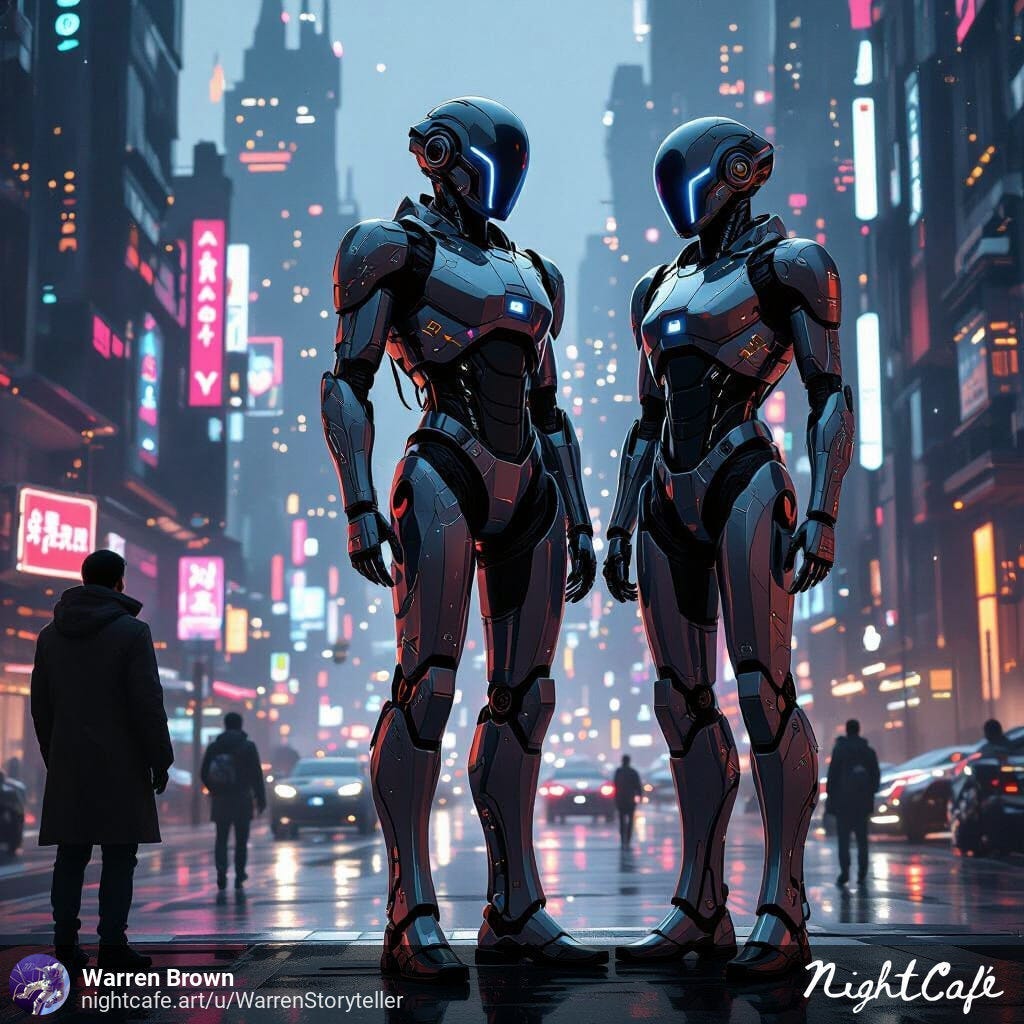 Two robots on a city street