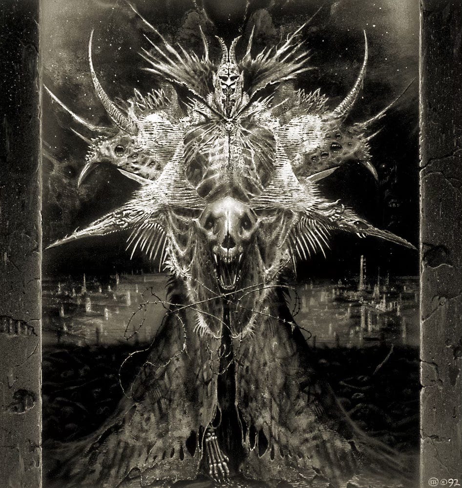 A white on black abstract rendering of the culmination of war. It stands with arms flung out as if declaring "look what I have wrought!" Horns sit upon its helm pointing up and outward in a slight arc. Eye slits sit high with a double opening between jagged cheek plates. The effect elongates the helm, an inhuman distortion that looks more devil than man. The collar and pauldrons are wide, overwrought and wickedly spiked. Open mouths scream from the underside, echoes of suffering or cries of bloodlust. The figure is skeletal with one bony foot exposed beneath long flowing tattered robes loosely wound with barbed wire. Lines across the fabric of its chest suggest ribs as if there's no other substance beneath but bone. The hands, however, are tense, anguished flesh with long curving nails as if saying the delicate instruments of war are all too human. Projecting like bladed weapons from each sleeve, the sleek heads of a dragon and a long-beaked demonic bird extend in a mockery of open arms. The snarling skull of an animal occupies the midsection like an oversized, baring fangs at the audience head-on. In the background appears to be the wreckage of a city. Desolate buildings stand tall, but many could be easily mistaken for gravestones at first glance. A white on black abstract rendering of the culmination of war. It stands with arms flung out as if declaring "look what I have wrought!" Horns sit upon its helm pointing up and outward in a slight arc. Eye slits sit high with a double opening between jagged cheek plates. The effect elongates the helm, an inhuman distortion that looks more devil than man. The collar and pauldrons are wide, overwrought and wickedly spiked. Open mouths scream from the underside, echoes of suffering or cries of bloodlust. The figure is skeletal with one bony foot exposed beneath long flowing tattered robes loosely wound with barbed wire. Lines across the fabric of its chest suggest ribs as if there's no other substance beneath but bone. The hands, however, are tense, anguished flesh with long curving nails as if saying the delicate instruments of war are all too human. Projecting like bladed weapons from each sleeve, the sleek heads of a dragon and a long-beaked demonic bird extend in a mockery of open arms. The snarling skull of an animal occupies the midsection like an oversized, baring fangs at the audience head-on. In the background appears to be the wreckage of a city. Desolate buildings stand tall, but many could be easily mistaken for gravestones at first glance.