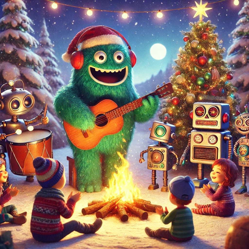 A festive scene featuring Uncle Monster & the Annoids, a friendly monster and quirky robot band, playing music around a decorated Christmas tree and a cozy campfire. The monster plays guitar, while the Annoids play drums, keyboards, and other instruments. A group of smiling children sits around them, clapping, dancing, and enjoying the music. Snow is gently falling, and the setting is warmly lit with holiday lights. The atmosphere is joyful, playful, and filled with holiday spirit, capturing the magic of Christmas music for children.