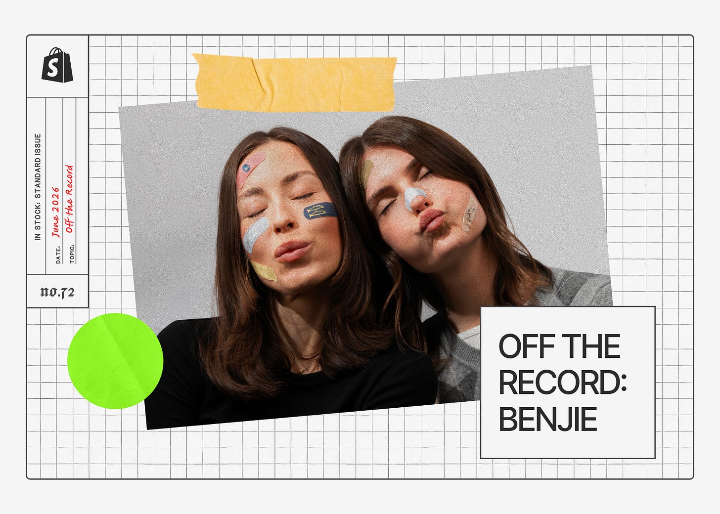 Graphic for “Off the Record: Benjie” showing two women posing with colorful bandages on their faces, layered over a grid-paper background  with tape and a Shopify label