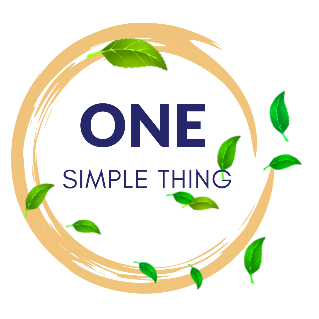 Green leaves and gold ring surround ONE SIMPLE THING.
